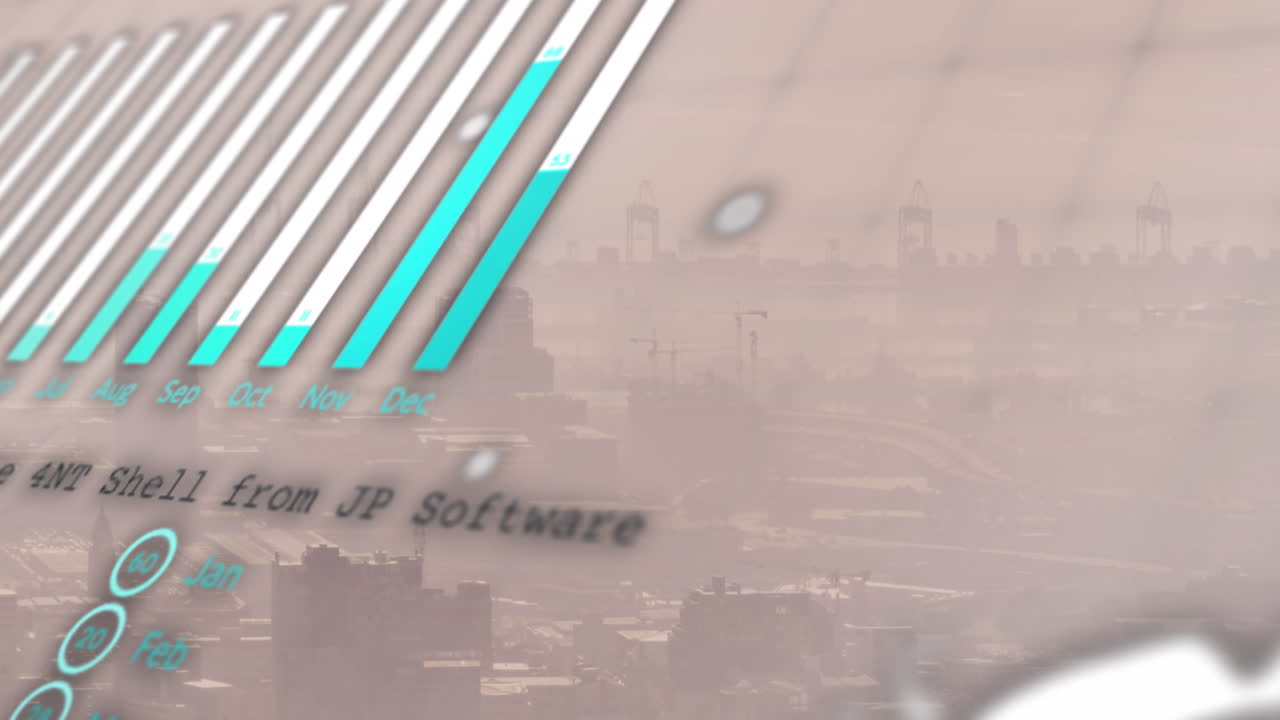 Animation of financial data processing over cityscape
