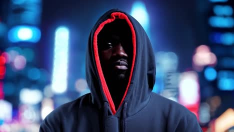 a man in a hoodie standing in front of a city at night