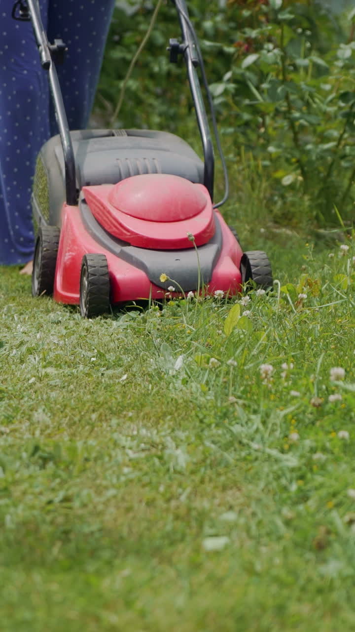 Mowing grass in the garden. Outdoor seasonal household works Vertical video