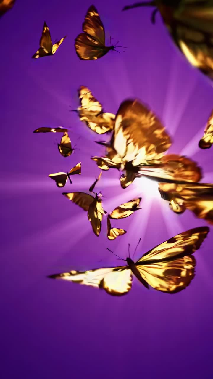 Un fotogramma video di farfalle dorate che volteggiano su uno sfondo viola acceso