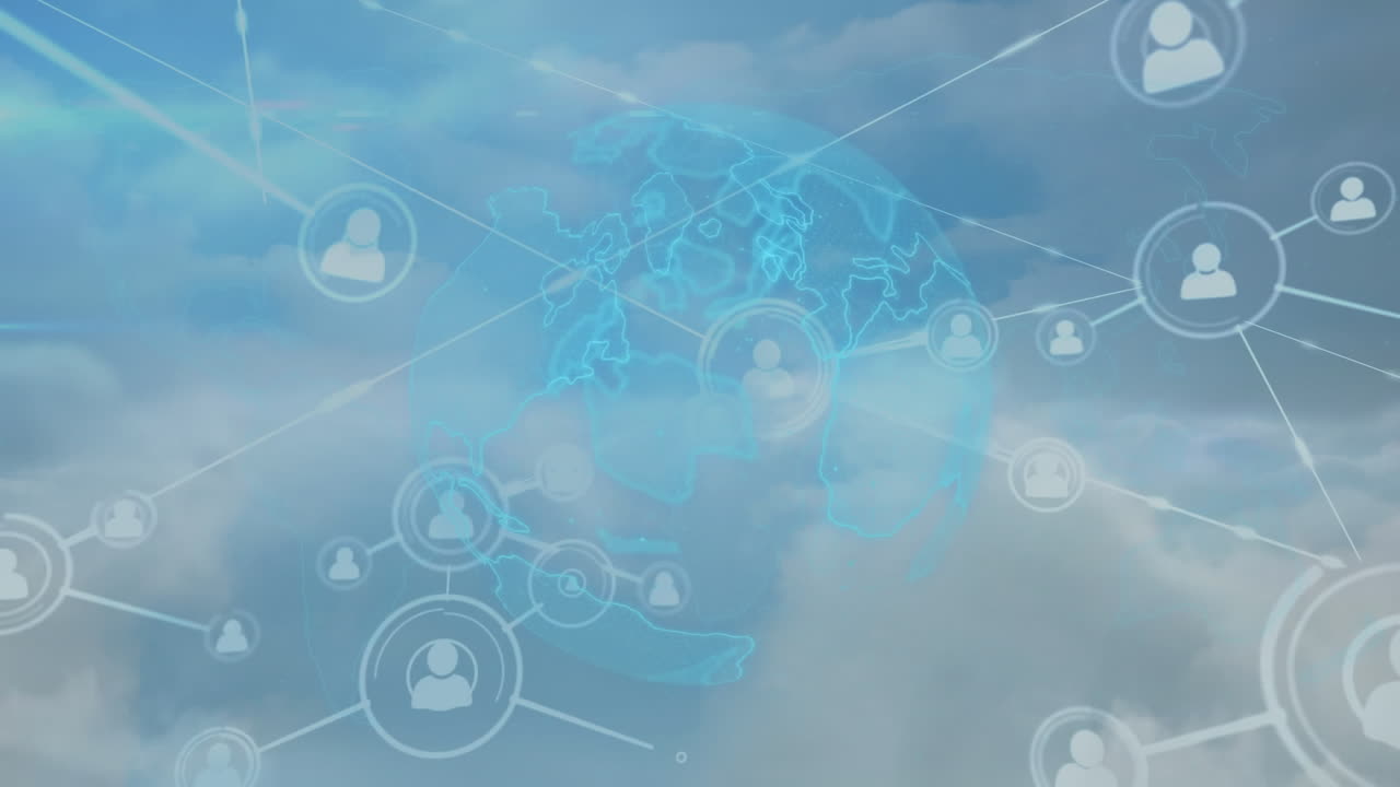 지구의 애니메이션과 하늘 위의 연결 네트워크