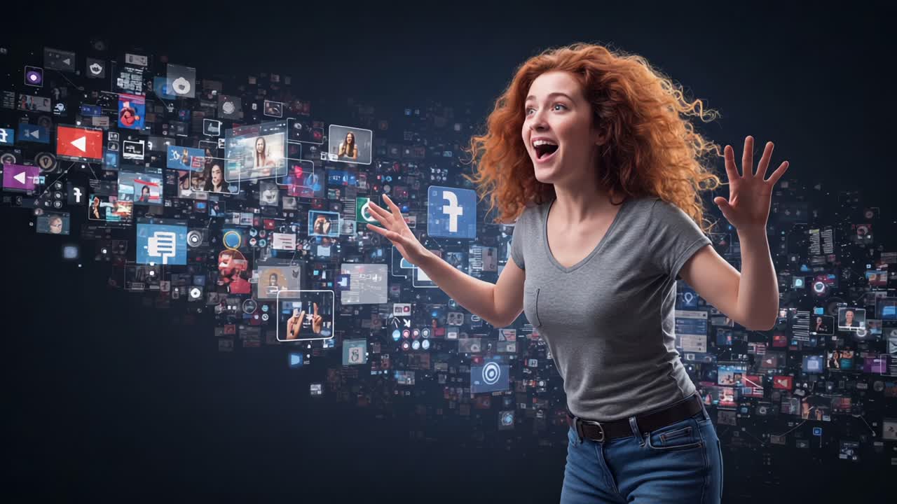 A vibrant woman in a casual outfit expresses excitement against a backdrop of dynamic digital media, showcasing a whirlwind of social interactions and multimedia elements