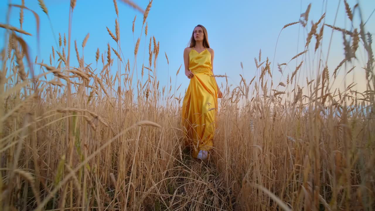 Woman in a yellow dress walking through a wheat field at sunset