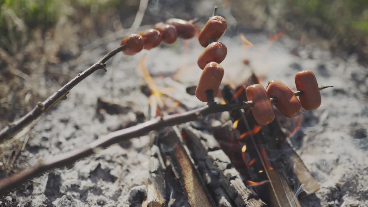 캠프 불 위에 한 소시지를 는 것은 체코 시골에서 인기있는 야외 활동입니다. 캠프 불 에서 소시지를 요리합니다.