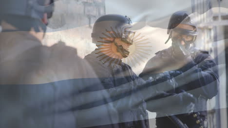 animation of flag of argentina over caucasian male soldiers talking