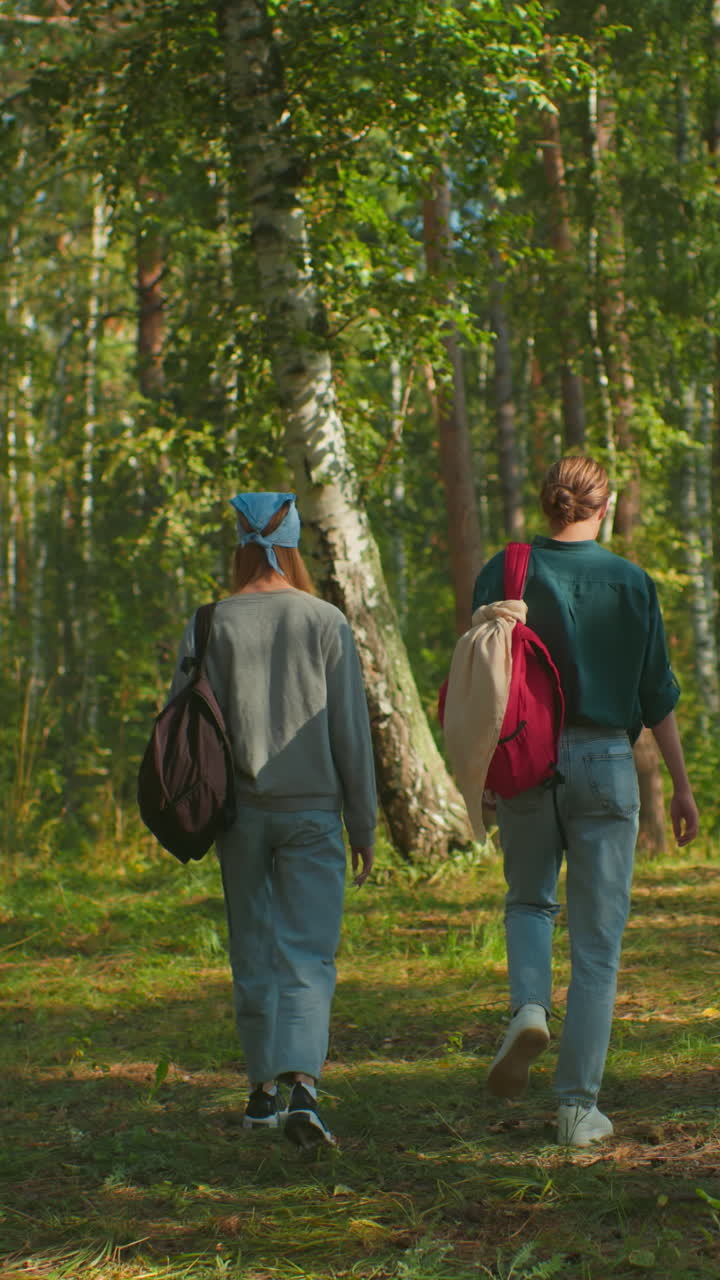 dos hermanos caminando a través de un bosque verde exuberante, uno con corbata de cabello azul y llevando una mochila, el otro con una tela drapeada sobre su bolsa, levantando la pierna para esquivar el objeto en el suelo