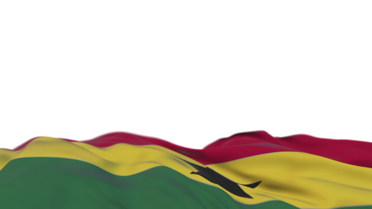 bandera de la tela de ghana ondeando en el bucle del viento. bordado ghanés costurado estandarte de tela balanceándose en la brisa. fondo blanco medio lleno. lugar para el texto. bucle de 20 segundos.