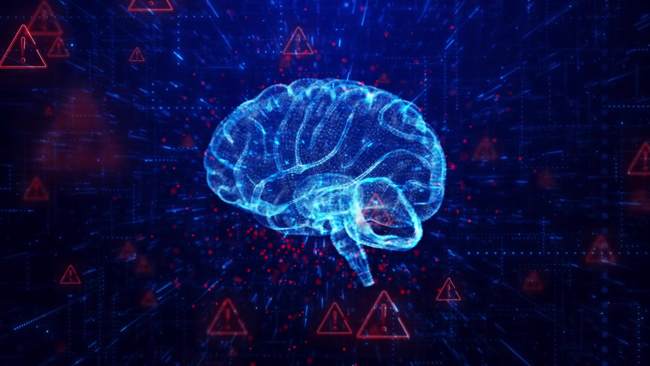 Neural warning technology visual with luminous brain red danger symbols and dark digital motion