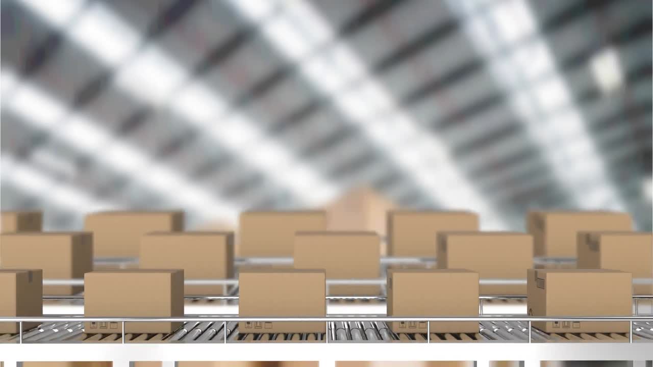 창고 위에서 컨베이어 벨트에 움직이는 카드보드 상자의 애니메이션