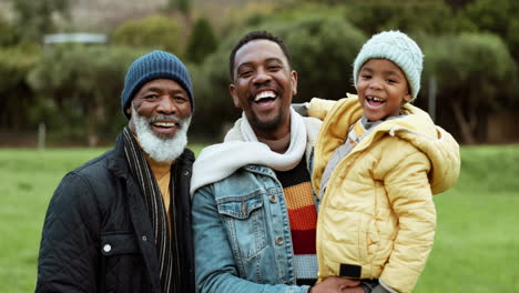 grandfather, dad or face of happy child in park