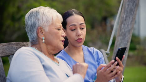 Nurse,-phone-and-talking-to-senior-woman-outdoor