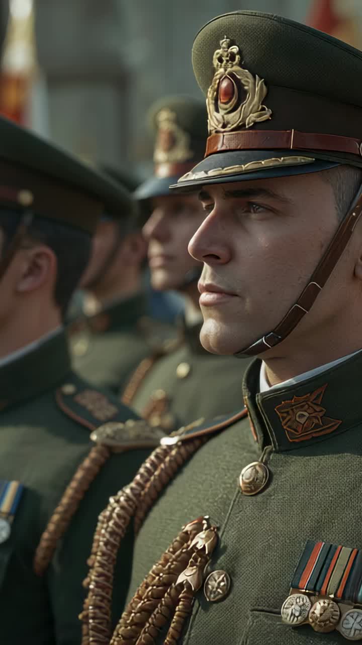 Vertical video: Pulling back camera revealing soldier standing, uniform and medals at ceremony