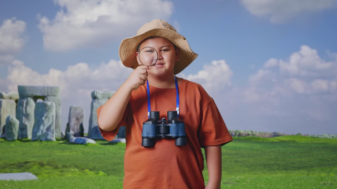 Asian Boy With A Hat And Binoculars Looking Through The Magnifying Glass Examines Something While Traveling In Stonehenge. Boy Researcher, Travel Tourism Adventure Concept