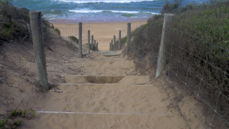 Steep wooden stairs down to an Australian beach on a beautiful day