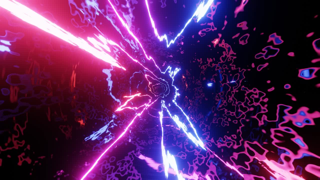 Hi-tech neon sci-fi tunel. Trendy neon glow lines form pattern and construction in mirror tunnel. Curled glow lines. Fly through technology cyberspace. 3d looped seamless 4k bright youth background.