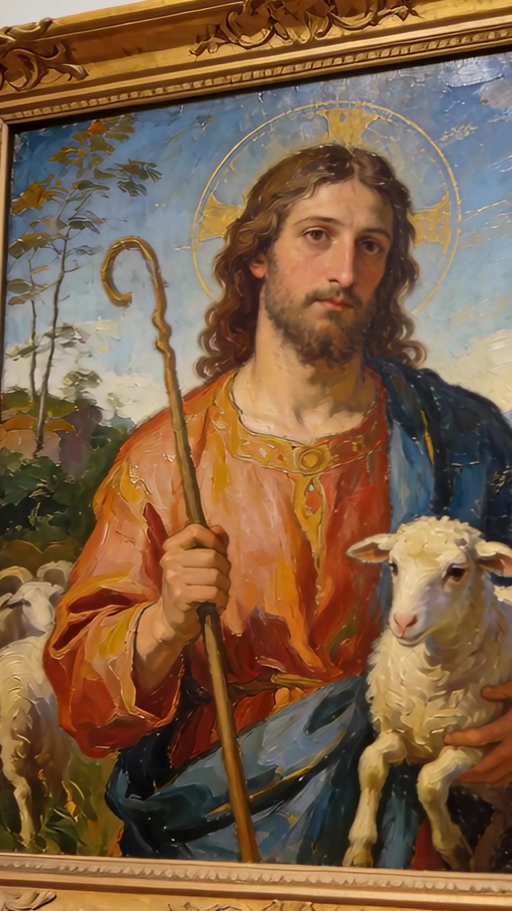 Vertical video: Zooming handheld cam into painting on wall to show paint detail, red robe and lamb