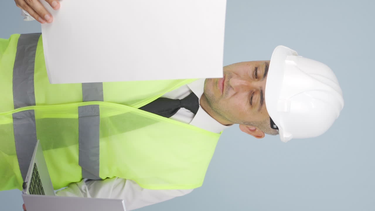 노트북에서 프로젝트를 진행하는 엔지니어의 수직 비디오.