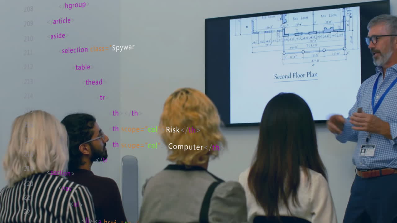 animación del procesamiento de datos financieros sobre diversas personas de negocios en la oficina