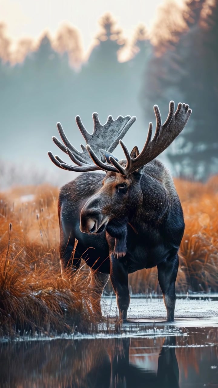 Majestic Bull Moose Standing in a Misty Autumn Wetland