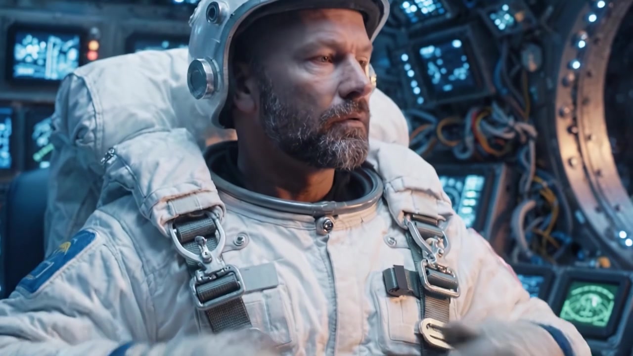 Un astronaute contemplatif dans une capsule spatiale de haute technologie se prépare pour un voyage extraordinaire, tandis que des panneaux de contrôle illuminés scintillent d'informations en arrière-plan, mettant en valeur une technologie avancée