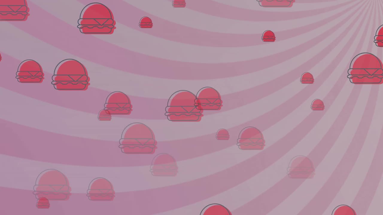 회전하는 분홍색과 색의 방사선 줄무 위에 떨어지는 빨간색 햄버거의 애니메이션