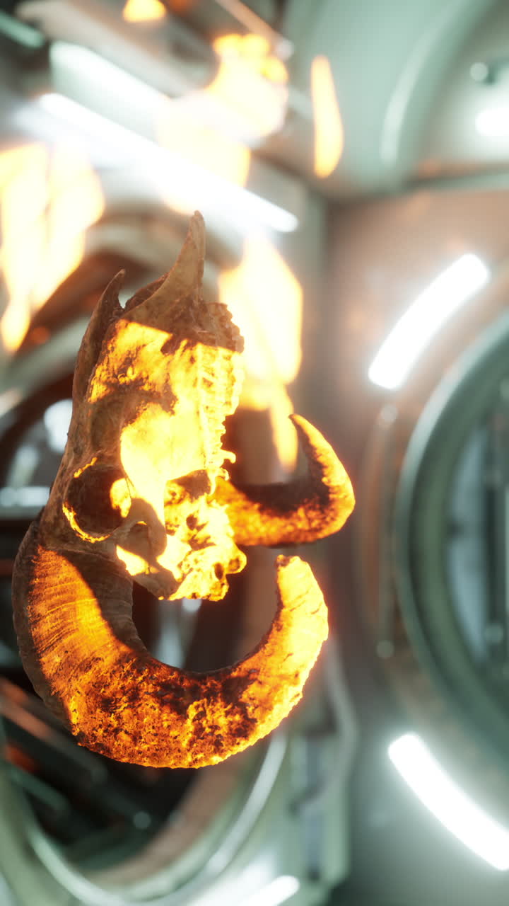 светящийся рогатый череп в футуристической обстановке