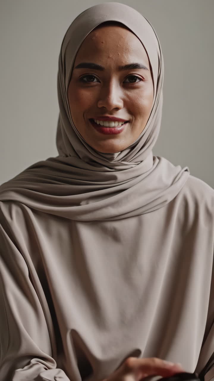 Portrait of a Smiling Woman in Hijab and a Woman Sleeping in Bed