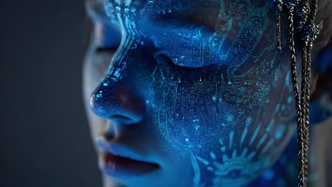Bellezza ammaliante: Uno splendido contrasto che mette in risalto le emozioni in evoluzione attraverso un'intricata arte corporea e ammalianti effetti di luce in un ritratto ravvicinato