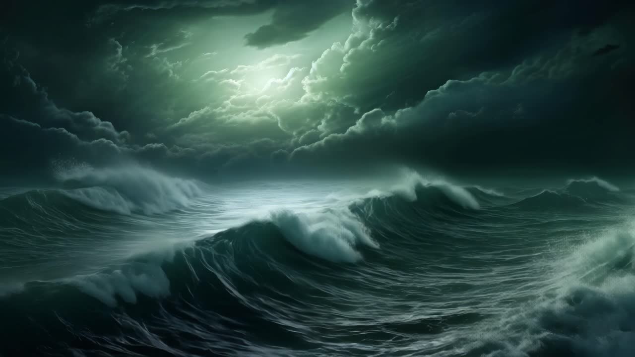Dramatic video concept of stormy ocean waves under a moody sky