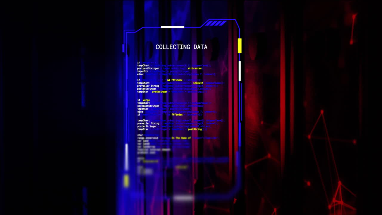 Animation of interface collecting data over red and blue lights in server room