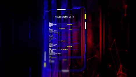 animation of interface collecting data over red and blue lights in server room