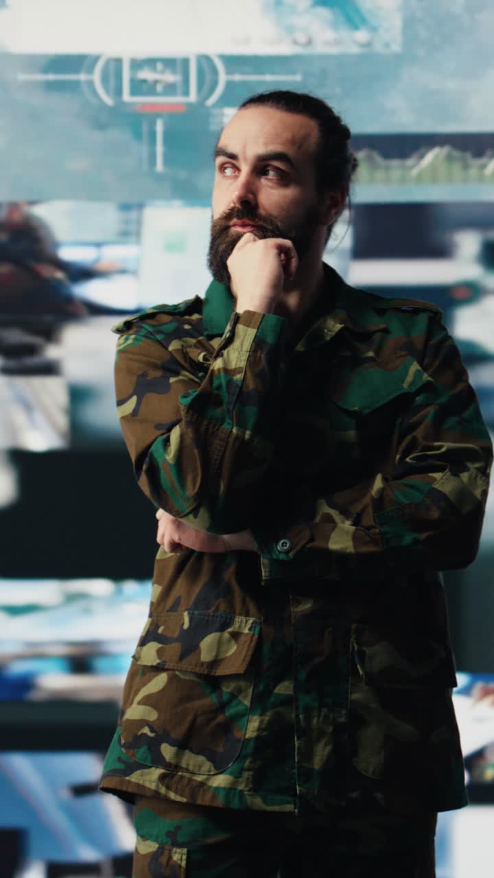 Vertical Video Military personnel examines data from satellite and creates tactical operations