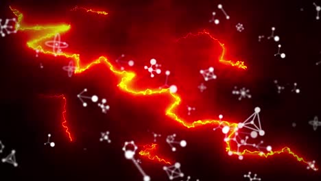 animation of glowing red electric currents over white molecular structures on black background