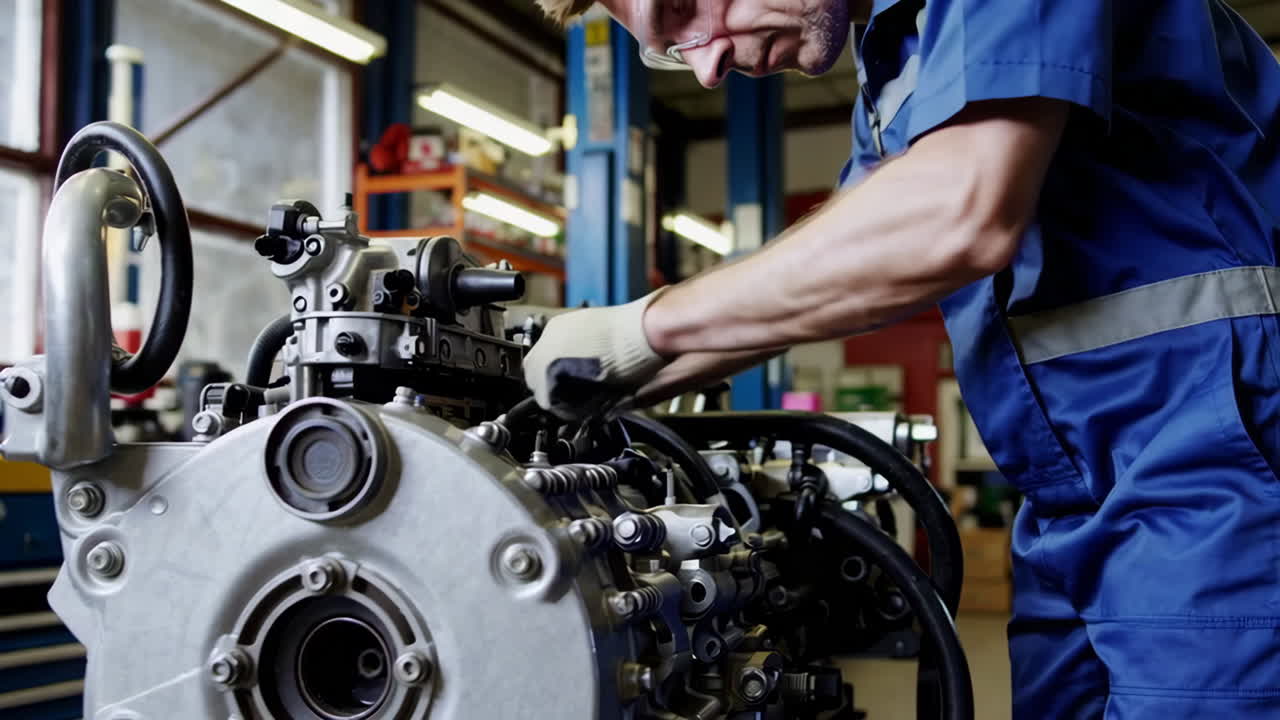 Auto Mechanic Working on a Vehicle Engine