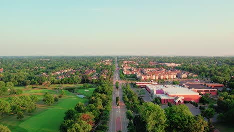 Thrilling-sunset-aerial-over-Roselle-Rd-Shamburg-Illinois-USA-in-the-summer