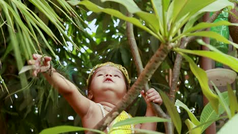 Entzückendes-Kleinkind,-Gekleidet-Als-Hinduistischer-Gott-Krishna,-Süßer-Gesichtsausdruck,-Der-Am-Baum-In-Janmashtami-Spielt