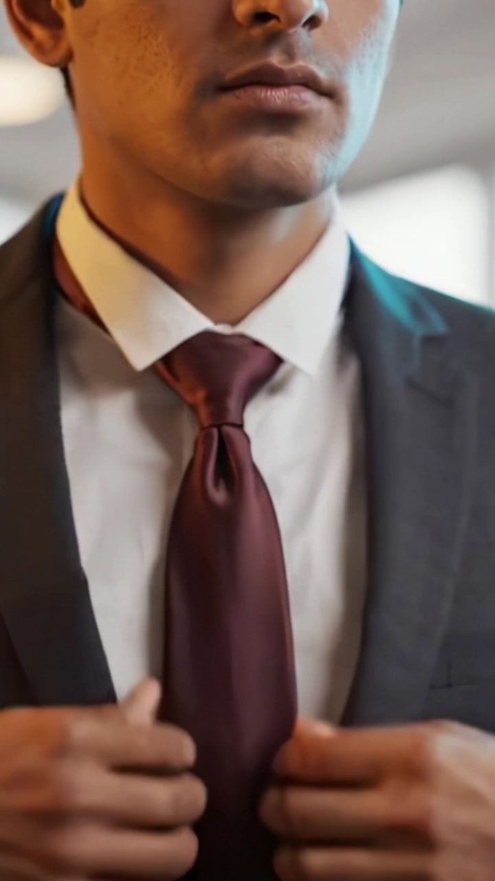 A well-dressed man adjusting his tie, showcasing professionalism and elegance in a sophisticated setting with a focus on his attire and grooming.