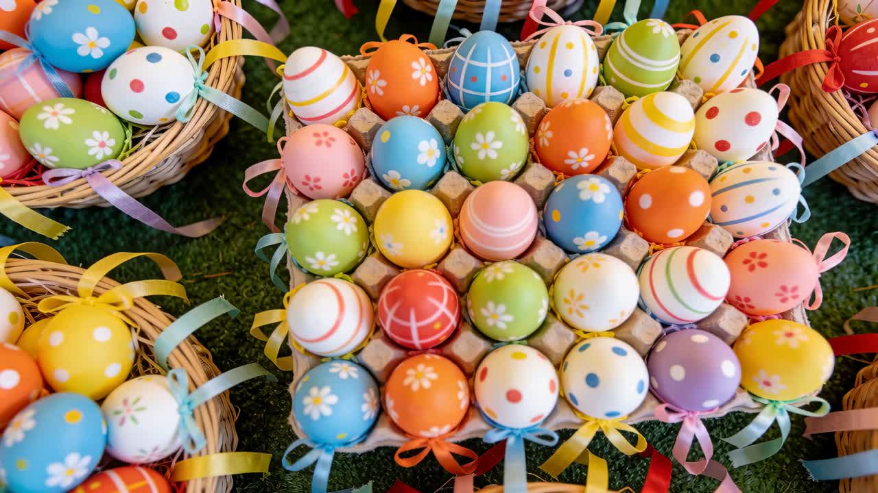 Shifting camera tightening on central square tray on turf to show painted eggs, ribbons, baskets