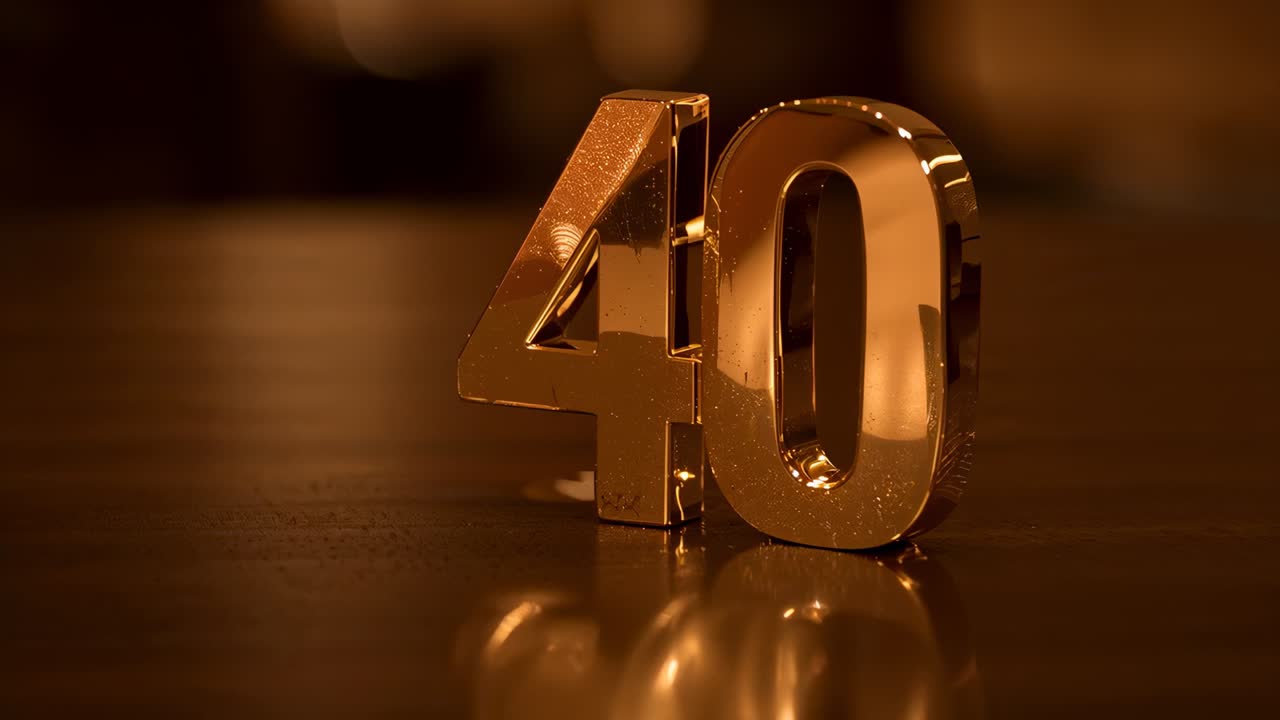 Glinting metal numeral 40 casting reflection on studio table, speckled finish, point lights pulsing
