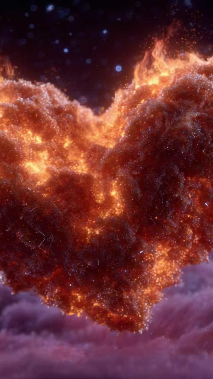 Un'affascinante formazione a forma di cuore di braci incandescenti ed elementi cosmici illuminata su uno sfondo stellato con un'atmosfera mistica