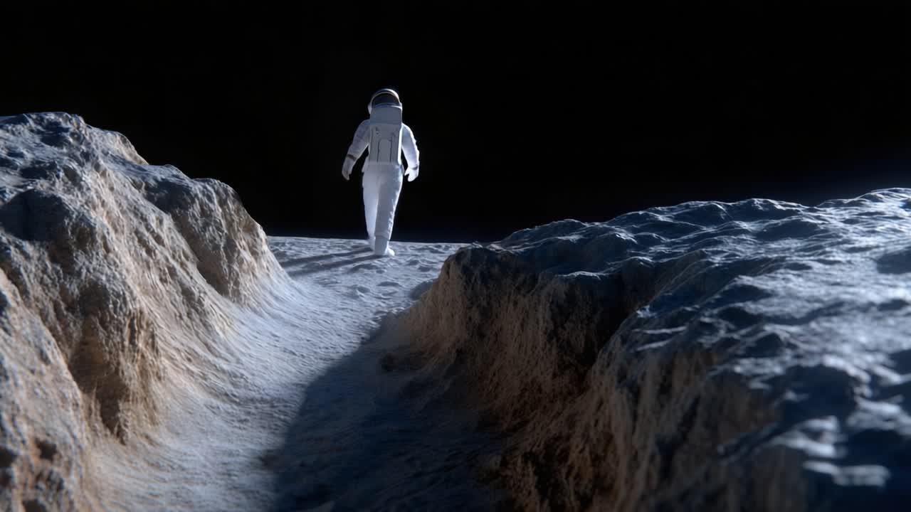 Ein einsamer Astronaut erkundet das raue Gelände eines fernen Himmelskörpers und zeigt die Schönheit und Isolation der Weltraumforschung von ihrer besten Seite