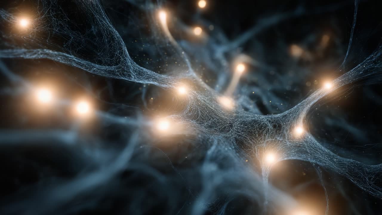 Abstract visualization of a neural network with neurons firing and transmitting electrical impulses through synapses, creating a complex web of connections representing thought and consciousness
