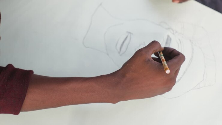 Artist sketches vividly. Creative artist working on portrait. Skilled creator drawing headwrap with bold outlines. Black artist passionately sketching headwrap portrait with rhythmic motion