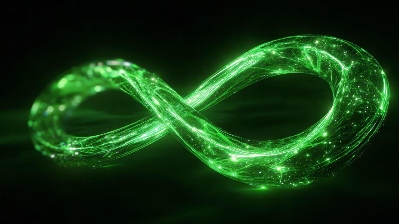 Green luminous infinity symbol made of energy filaments and light particles rotating in a seamless loop, representing concepts of eternity, future technology, and limitless possibilities