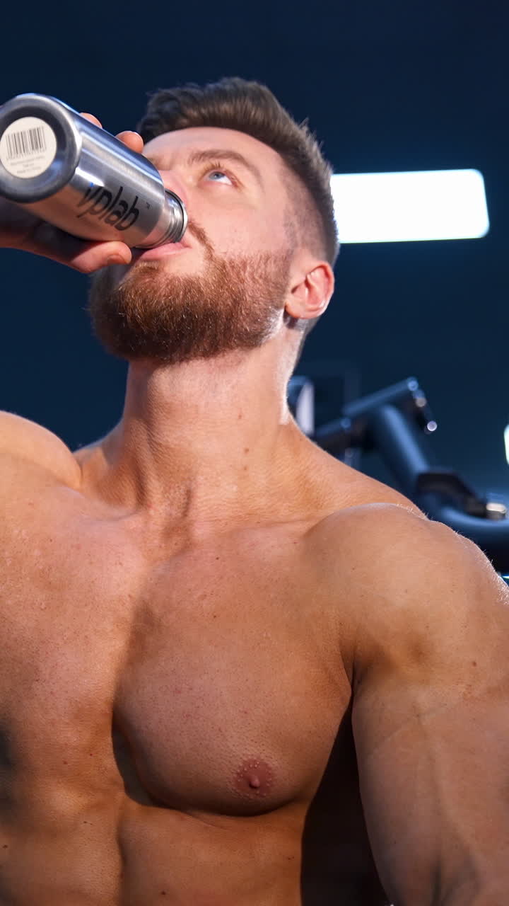 Man with perfect body train muscles on sport equipment and drinks water. View from the side on handsome man with perfect body. Vertical video