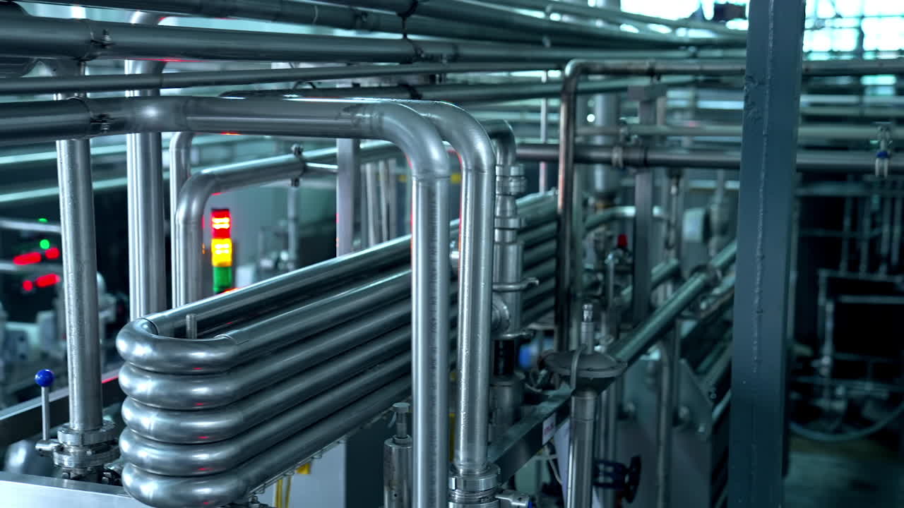 Industrial equipment with metal tubes on a dairy factory. Factory machinery with industrial pipes at a dairy food production plant. Manufacturing process.