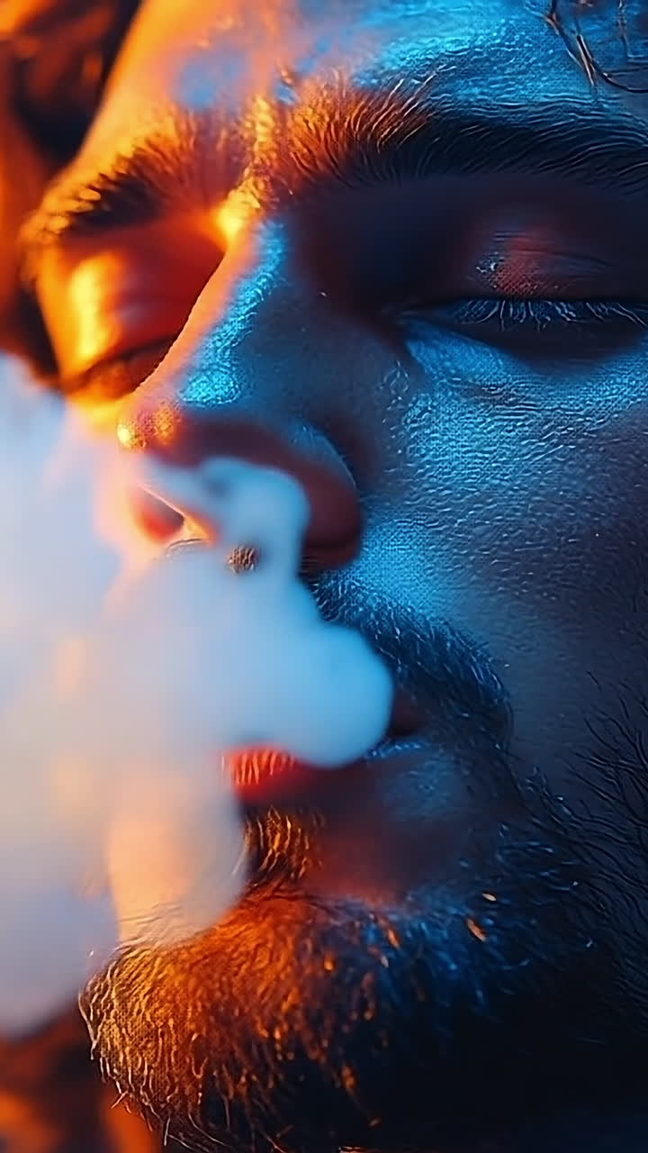 Man exhaling smoke in vibrant lighting. A man with curly hair exhales smoke surrounded by colorful lighting, creating an atmospheric and moody vibe.