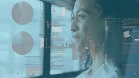 Animation of statistics and financial data processing over biracial businesswoman