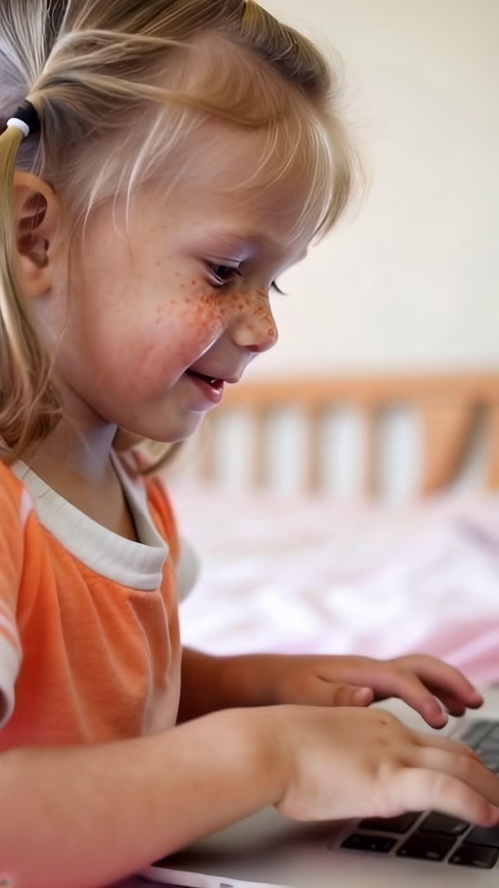 Smiling blonde girl playing online with a laptop sitting on the bed.