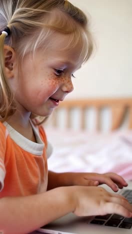 smiling blonde girl playing online with a laptop sitting on the bed.